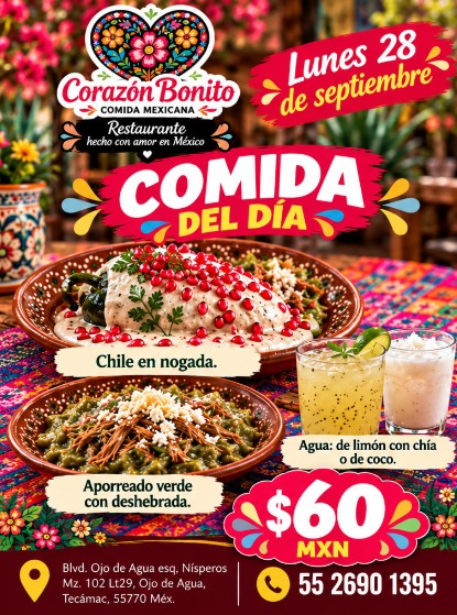 Comida del día Corazón Bonito lunes 28 de septiembre: chile en nogada o aporreado verde con deshebrada, agua de limón con chía o de coco, por 60 pesos.